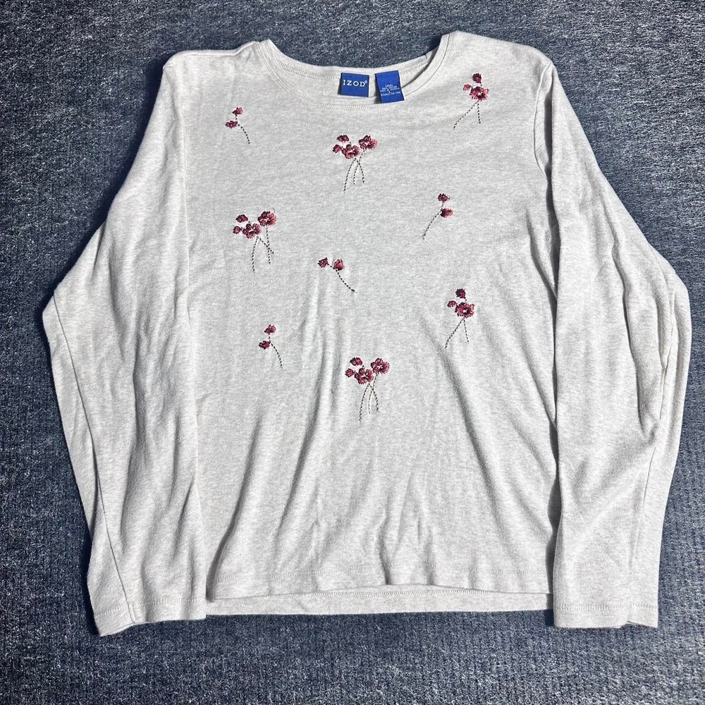 IZOD Womens Large Gray Floral Embroidered Long Sleeve Cotton Top Cottagecore